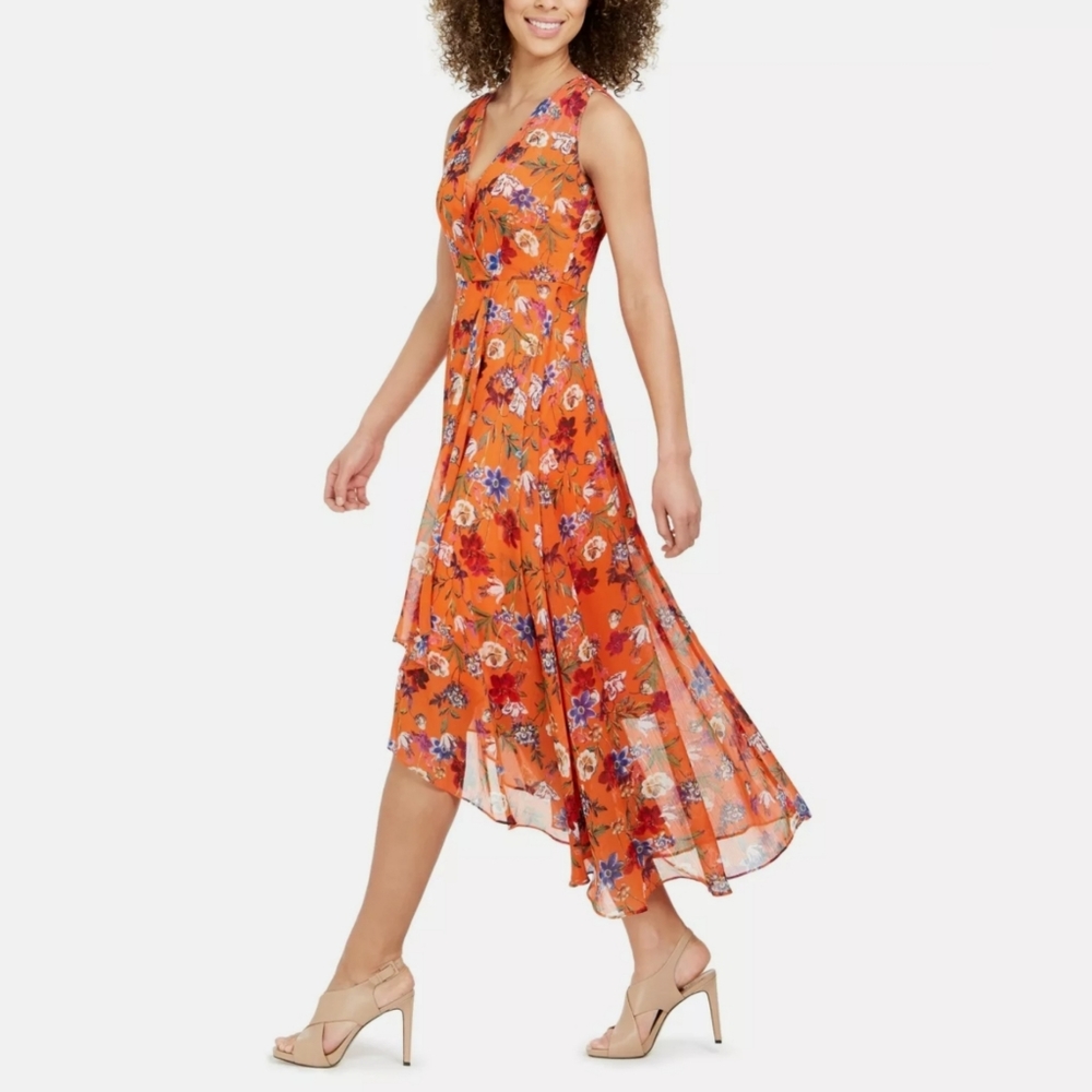 NWT Calvin Klein Orange Floral Print Surplice Neckline Asymmetrical Hem Dress 8